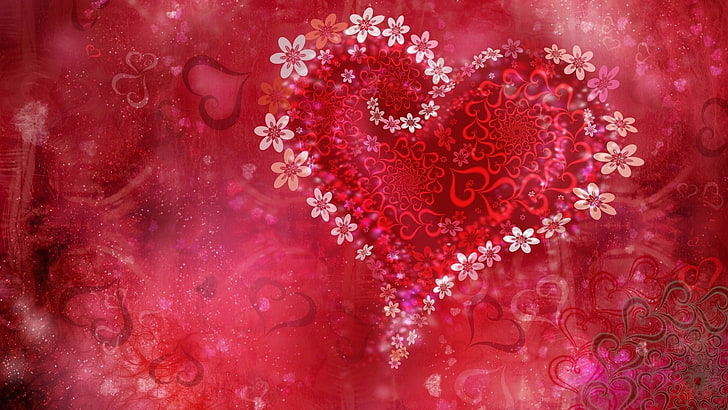 rött och vitt hjärta digital tapet, hjärtan, blommor, bakgrund, ljusa, mönster, HD tapet
