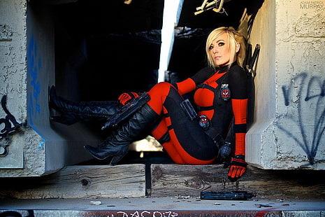 women's black and red bodysuit, untitled, Jessica Nigri, Deadpool, cosplay, HD wallpaper HD wallpaper