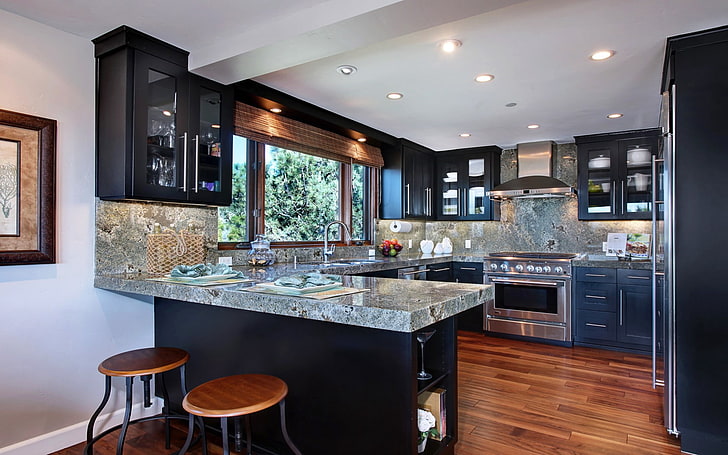 серый и черный кухонный остров, кухня, интерьер, дизайн, мебель, HD обои