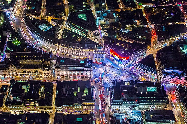 areal vista dos edifícios da cidade durante a noite, paisagem urbana de Vincent Laforet, Londres, HD papel de parede