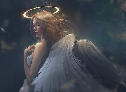 Фантазия, ангел, ореол, крила, жена, HD тапет HD wallpaper