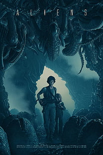 plakat filmowy, kosmici, Sigourney Weaver, H. R. Giger, Aliens (film), Tapety HD HD wallpaper