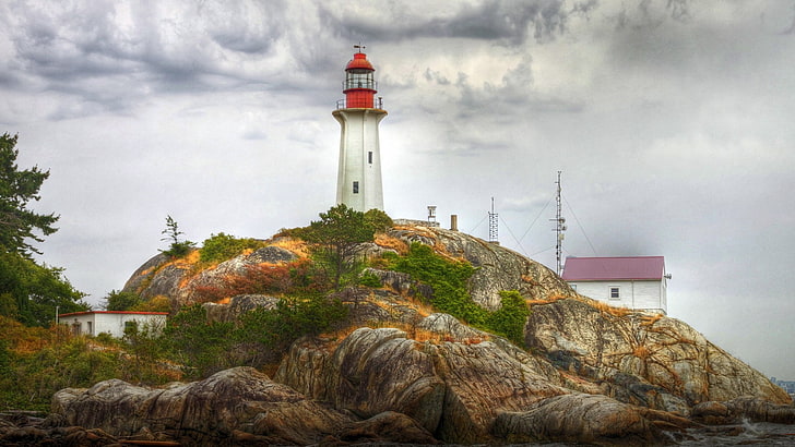 lighthouse, rock, clouds, Point Atkinson Lighthouse, HD wallpaper
