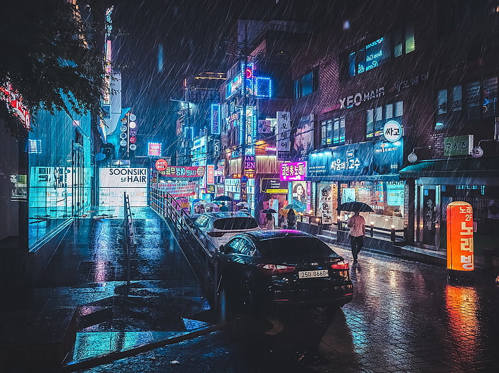 svart sedan, person som håller svart paraply mellan bilar och byggnader, fotografi, väg, Sydkorea, stad, neon, stadsbelysning, regn, stadsbild, bil, paraply, urban, cyan, neonglöd, HD tapet