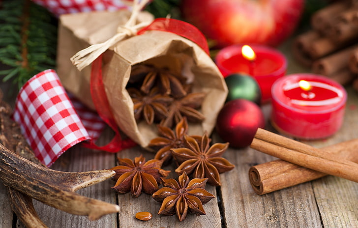 balls, sticks, candles, cinnamon, holidays, spices, Christmas, pouch, star anise, Anis, HD wallpaper
