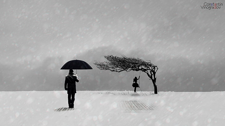 woman on swing and man holding umbrella wallpaper, winter, sadness, girl, mood, minimalism, black and white, guy, HD wallpaper