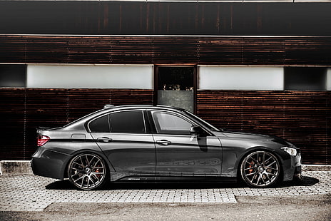 sedán gris, BMW, tuning, 335i, F30, postura, Fondo de pantalla HD HD wallpaper