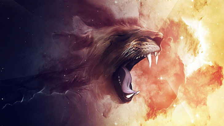 lion illustration, lion, animals, artwork, space, digital art, Fang, roar, Claudio Testa, HD wallpaper