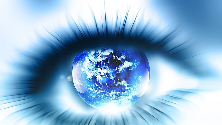цифровое искусство, глаз, земля, синий, голубоватый, крупным планом, планета, фэнтези-арт, мир, сфера, графика, глобус, электрический синий, HD обои