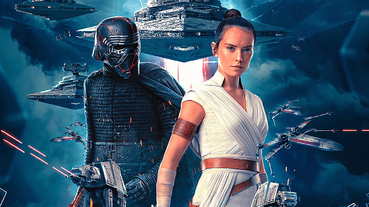 Gwiezdne wojny, Star Wars: The Rise of Skywalker, Daisy Ridley, Kylo Ren, Rey (Star Wars), Star Destroyer, Star Wars The Rise Of Skywalker, X-Wing, Tapety HD