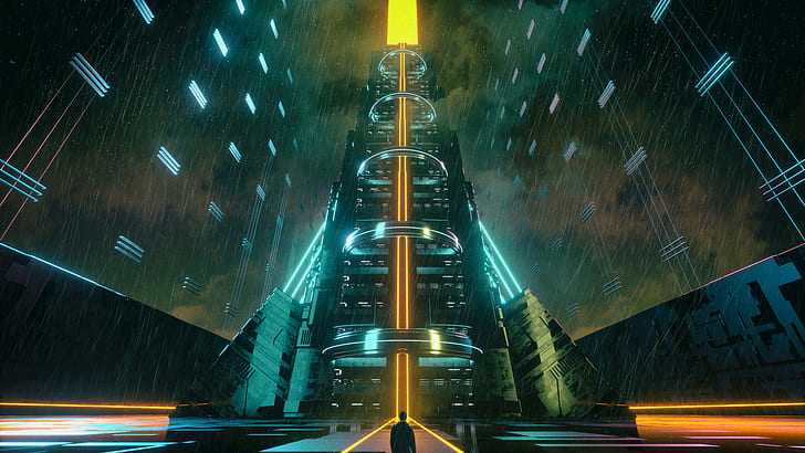 David Legnon, cyberpunk, lift, lampu neon, oranye, bersinar, hujan, malam, Wallpaper HD
