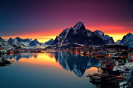 winter, the sky, snow, mountains, night, lights, lake, dawn, home, Norway, Lofoten, HD wallpaper HD wallpaper