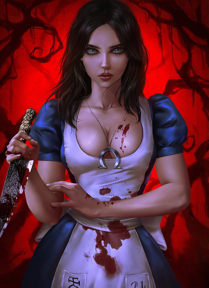 Alice illustration, digital art, artwork, women, portrait display, video games, blue eyes, long hair, brunette, cleavage, blood, knife, Alice: Madness Returns, tight clothing, Alice, American McGee's Alice, HD wallpaper