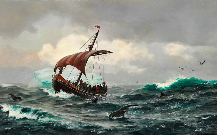 pintura de barco galeón, vikingos, barco, longships, velero, mar, olas, obras de arte, Groenlandia, iceberg, ballena, Fondo de pantalla HD