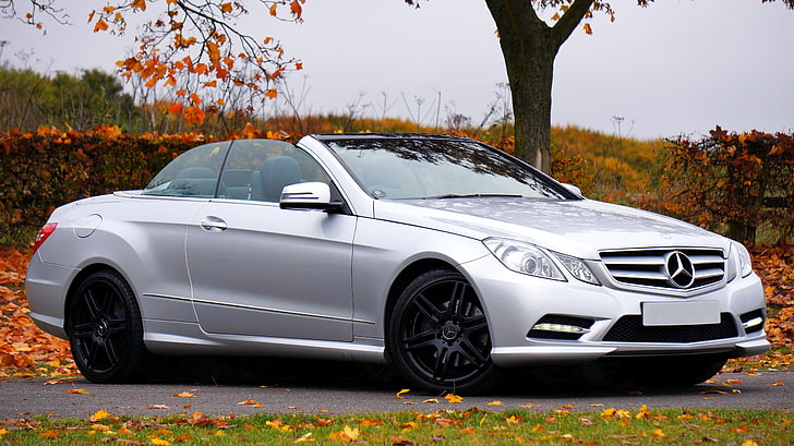 silver Mercedes-Benz coupe, mercedes e-class, convertible, side view, autumn, HD wallpaper