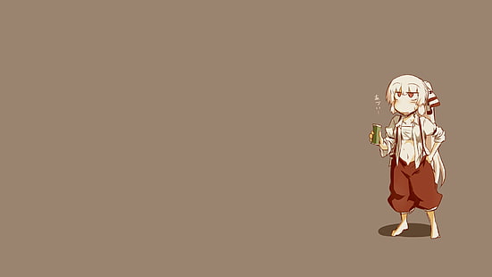 minimalistisk illustration av vithårig anime-flicka, Fujiwara no Mokou, Touhou, enkel bakgrund, brun bakgrund, anime, HD tapet HD wallpaper