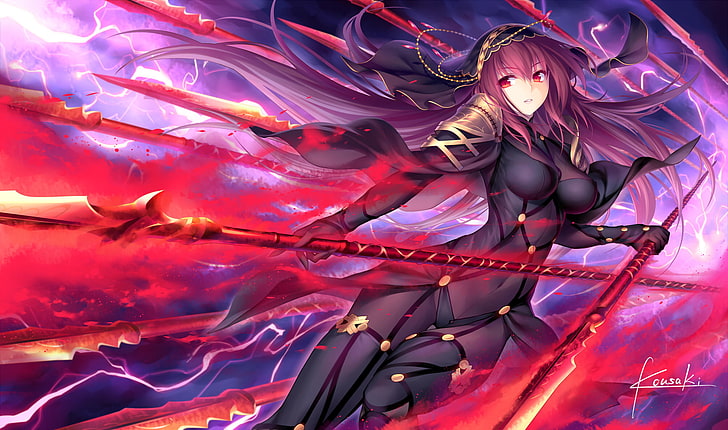 fate stay night, lancer, scathach, spear, cape, Anime, HD wallpaper