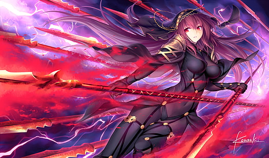 fate stay night, lancer, scathach, spear, cape, Anime, HD wallpaper HD wallpaper