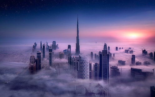 Pejzaż miejski, Burj Khalifa, Dubaj, Miasto, Wschód słońca, Mgła, Drapacz chmur, Budynek, Długa ekspozycja, Wieża, Chmury, Niebo, pejzaż miejski, Burj Khalifa, Dubaj, Miasto, wschód słońca, mgła, wieżowiec, budynek, długa ekspozycja, wieża, Tapety HD HD wallpaper