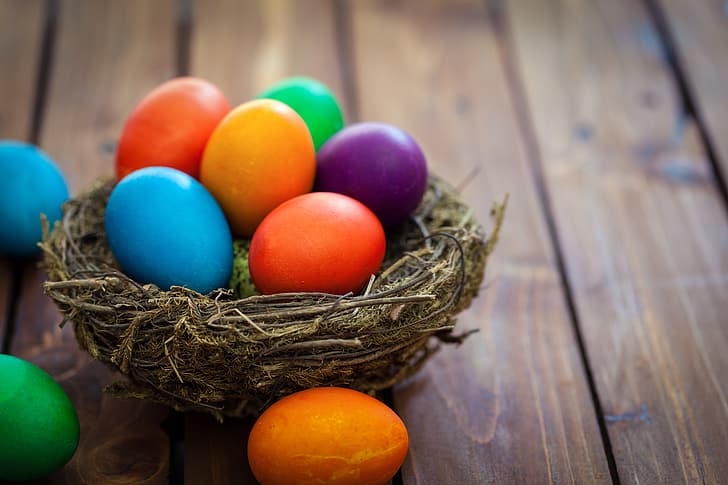 spring, colorful, Easter, basket, wood, eggs, decoration, Happy, the painted eggs, HD wallpaper