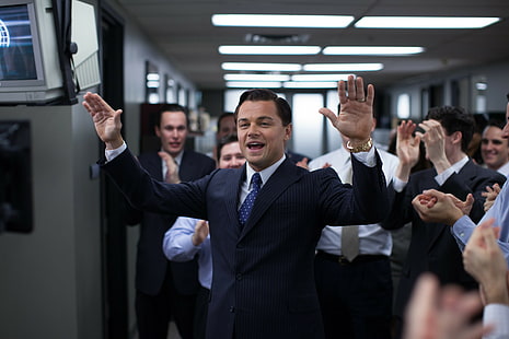 The Wolf Of Wall Street, Leonardo DiCaprio, The Wolf of Wall Street, Leonardo DiCaprio, Leo DiCaprio, suit, office, HD wallpaper HD wallpaper