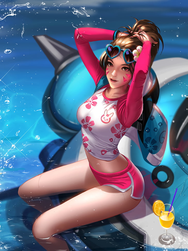 wanita dalam ilustrasi jas basah pink, Overwatch, D.Va (Overwatch), Liang Xing, Liang-Xing, video game, Wallpaper HD, wallpaper seluler