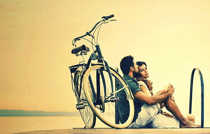 Bicycle, couple, emotions, Hugging, love, men, women, HD wallpaper