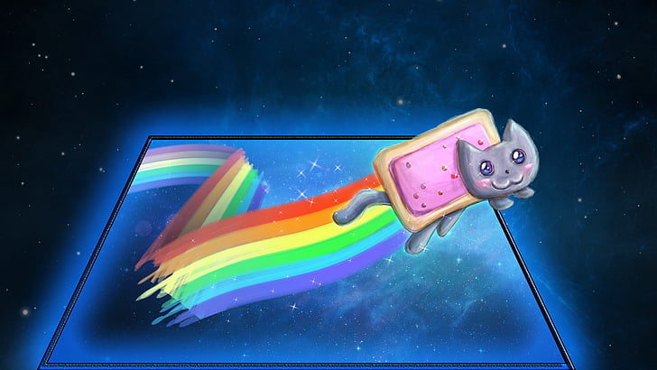 gato, desenho, meme, arco íris, estrelas, HD papel de parede