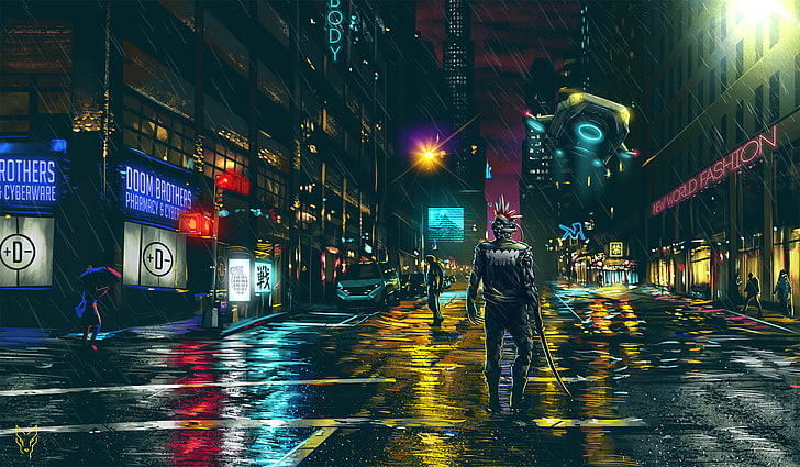 homme avec illustration de l'épée, affiche du jeu, Dark Cyberpunk, paysage urbain, cyberpunk, futuriste, science fiction, nuit, oeuvre d'art, Fond d'écran HD