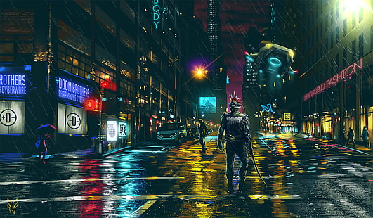 manusia dengan ilustrasi pedang, Poster permainan, Dark Cyberpunk, cityscape, cyberpunk, futuristik, fiksi ilmiah, malam, karya seni, Wallpaper HD HD wallpaper