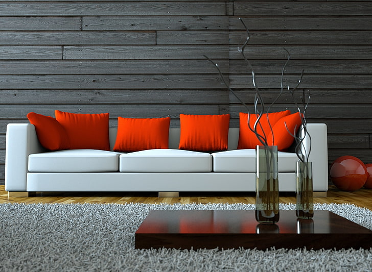 白い革のソファとオレンジ色の枕、インテリア、花瓶、花瓶、スタイリッシュな白いソファ、ホームデザイン、赤い枕、 HDデスクトップの壁紙