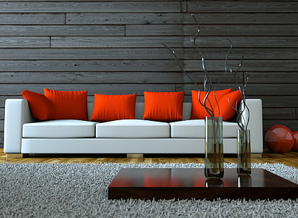 biała skórzana kanapa i pomarańczowe poduszki, wnętrze, wazony, wazon, stylowa, biała sofa, projekt domu, czerwone poduszki, Tapety HD HD wallpaper