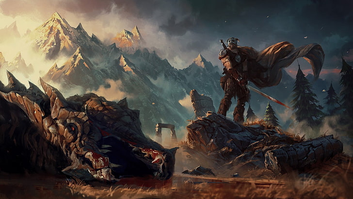 гладиатор с мечом возле дракона цифровые обои, фэнтези-арт, иллюстрации, видеоигры, The Elder Scrolls V: Skyrim, HD обои
