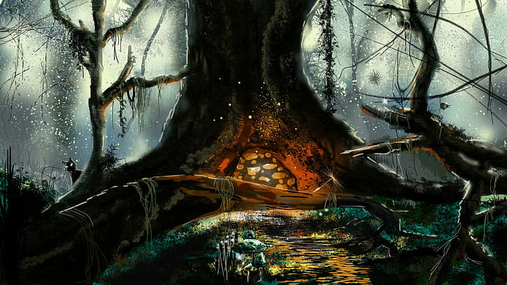 fantasy art, water, lianas, trees, digital art, mushroom, branch, HD wallpaper