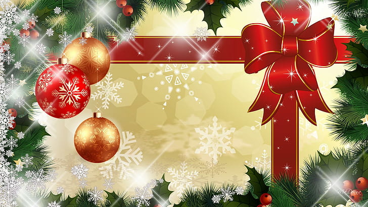 Bright For The Holidays, decorations, firefox persona, ribbon, berries, christmas, balls, feliz navidad, greens, sparkles, HD wallpaper