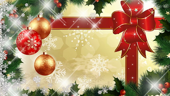 Яркие для праздников, украшения, firefox персона, лента, ягоды, рождество, шары, фелиз навидад, зелень, блестки, HD обои HD wallpaper