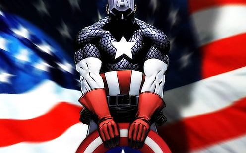 Captain of America-konstverk, Captain America, superhjälte, sköld, kostymer, flagga, amerikansk flagga, Marvel Comics, serier, HD tapet HD wallpaper