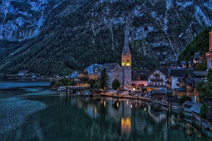 landscape, mountains, lake, tower, home, the evening, Austria, lighting, town, Hallstatt, HD wallpaper