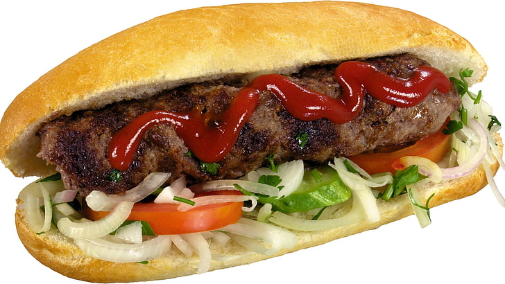 sándwich de salchicha, hot dog, carne, pan, salsa de tomate, Fondo de pantalla HD