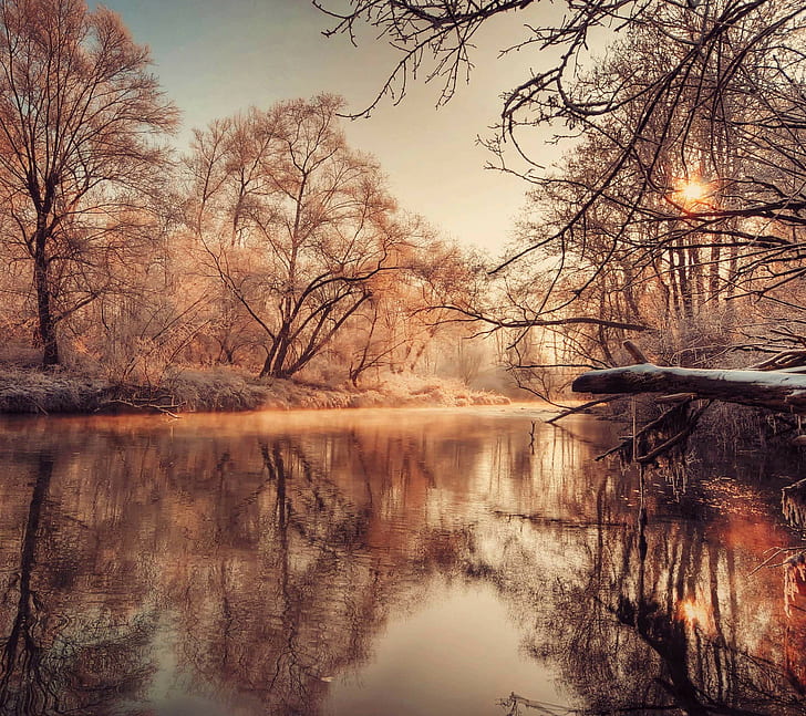 Natur, Fluss, Landschaft, Frost, Winter, Bäume, Wildnis, HD-Hintergrundbild