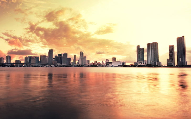brown and white concrete building, city, urban, skyline, building, river, Miami, HD wallpaper