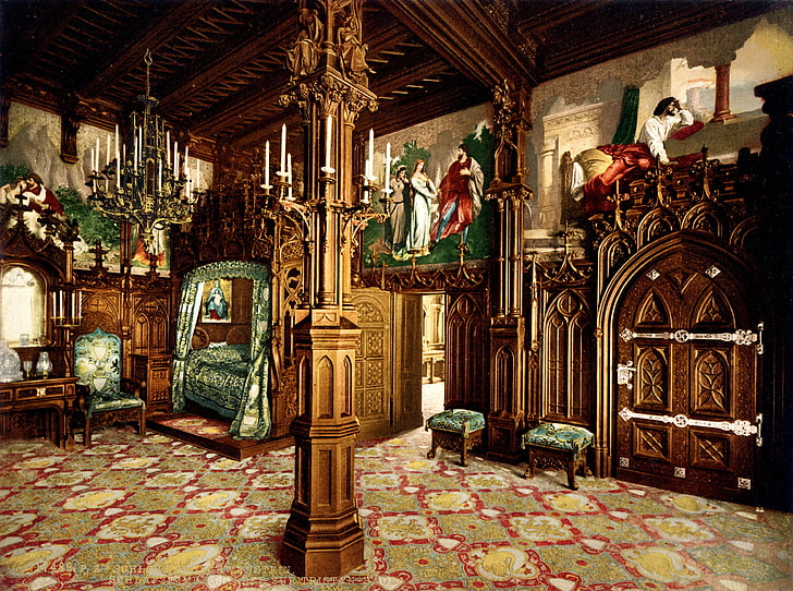 architecture, interior, Neuschwanstein Castle, painting, ancient, Germany, arch, wood, bed, door, carpet, ornamented, chair, candles, HD wallpaper