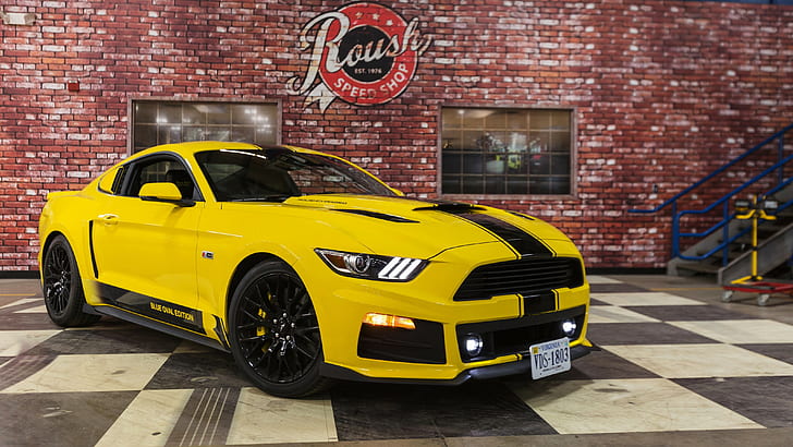 Mustang, Shelby, GT350 2015, voiture de sport jaune et noire, 2015, roush, R2300, édition ovale bleue, Ford, Mustang, Shelby, GT350, Fond d'écran HD