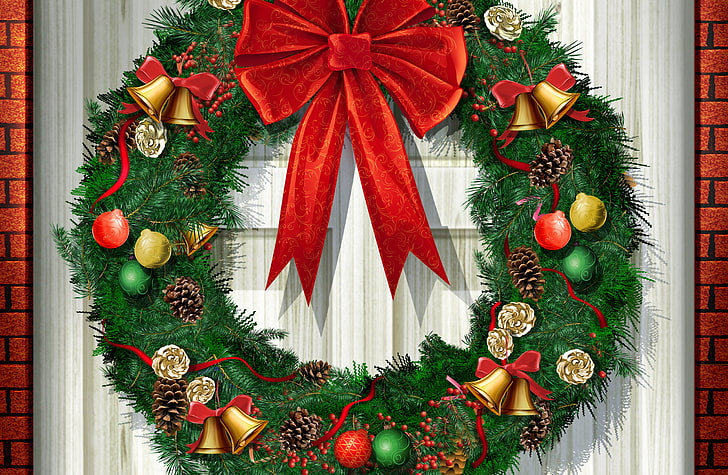 green and red Christmas wreath, new year, the door, bow, fir wreath, HD wallpaper