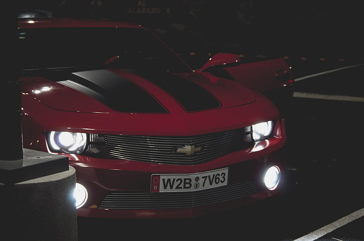 red Chevrolet car, chevrolet camaro, front view, headlights, front bumper, HD wallpaper