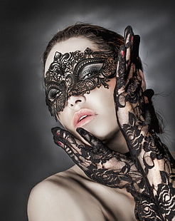 Joachim Bergauer, makeup, topeng, wajah, sarung tangan, 500px, wanita, model, potret, latar belakang sederhana, Wallpaper HD HD wallpaper
