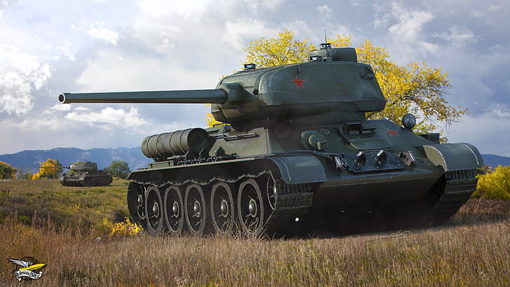 Dunia Tank, tank, T-34-85, tank tempur hitam, pohon, lapangan, rumput, Uni Soviet, T-34-85, musim gugur, World of Tanks, Soviet, rata-rata, tank, Wallpaper HD