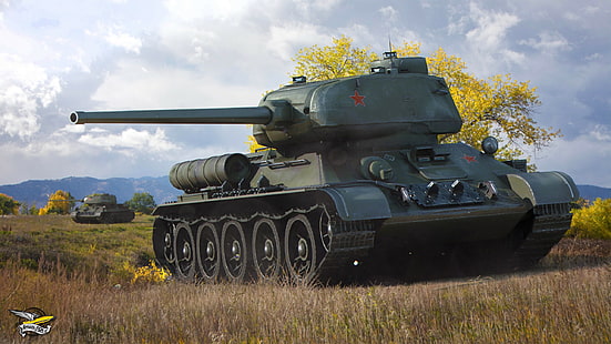 World of Tanks, tank, T-34-85, svart stridsvagn, träd, fält, gräs, USSR, T-34-85, höst, World of Tanks, Soviet, genomsnitt, tank, HD tapet HD wallpaper