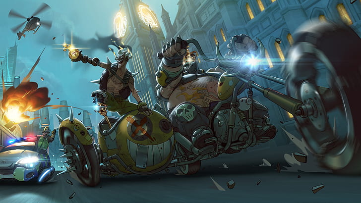 Overwatch ، صورة فنية ، لعبة PS ، رجل يركب دراجة مع قصاصة فنية عربة ، Overwatch ، Art ، Picture ، PS ، Game، خلفية HD
