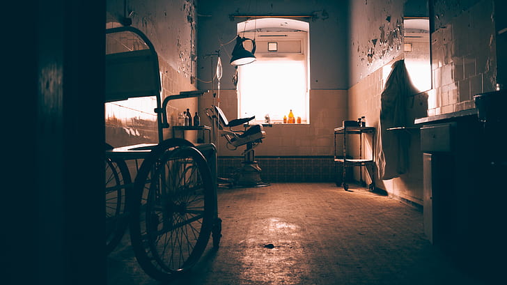 ospedale, asilo, abbandonato, sedia a rotelle, finestra, raggi del sole, urbex, Sfondo HD